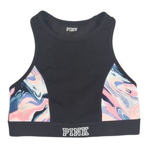 PINK Victoria's Secret High Neck Black & Swirl Pastel‎ Sports Bra XS